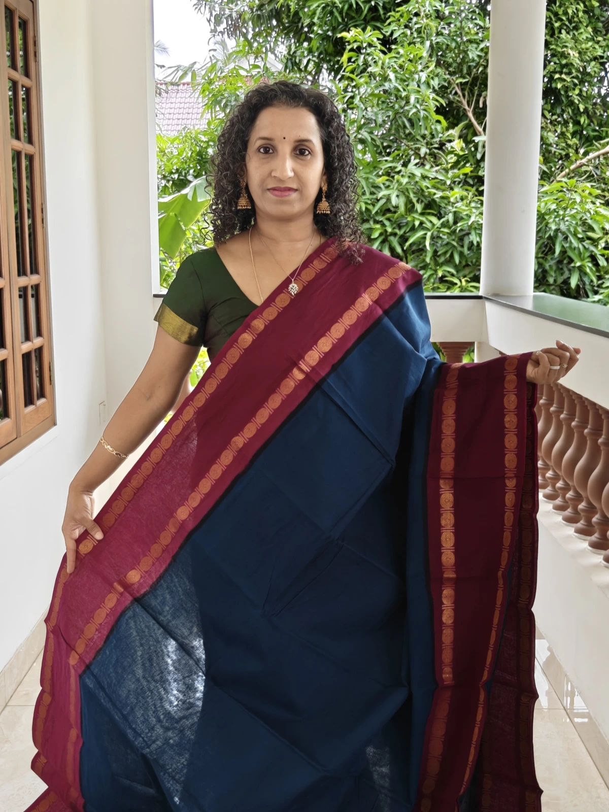 Sungudi Cotton Saree Navy Blue with Purple Rudrasham Gap Border